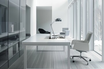 Bright Modern Office with Minimalist Desk and Sleek Shelving