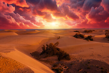 Breathtaking view of the maspalomas dunes in gran canaria under a vivid sunset sky, showcasing...