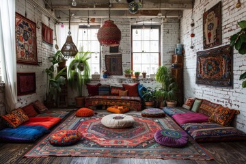 Bohemian Lounge Space: Layered rugs, low seating, floor cushions, eclectic decor, hanging plants