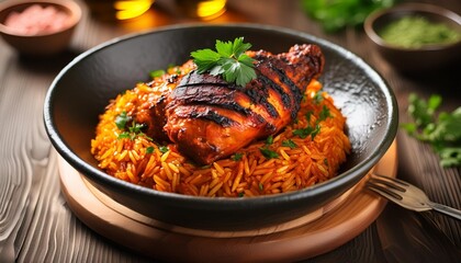 jollof rice with grilled meat and garnishes a bowl of vibrant jollof rice topped with grilled chicken and fresh herbs