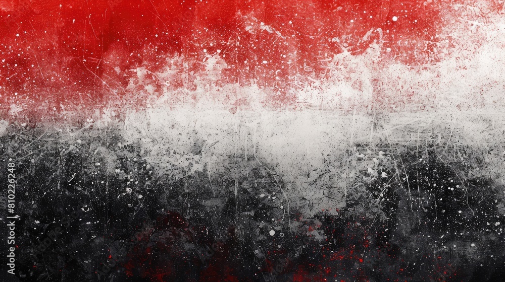 Poster a red and white background with black and white splatters. the splatters are in different sizes and 