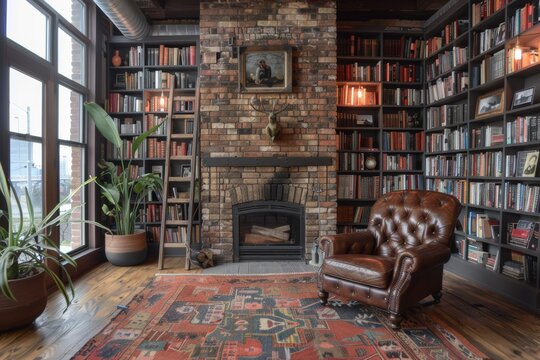 Loft Library with Industrial Accents: Floor-to-ceiling bookshelves, rolling library ladder, leather armchair, exposed brick fireplace