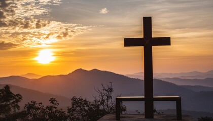 good friday concept silhouette cross on mountain sunset background