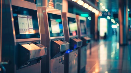 City ticketing kiosks featuring touchscreen interfaces under evening lights.