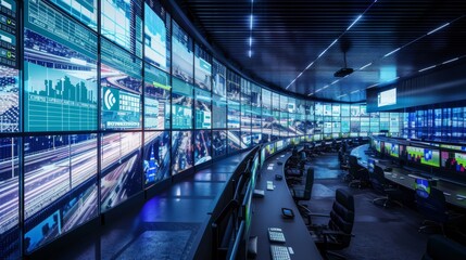 Expansive command center with panoramic screens displaying global financial and traffic data.