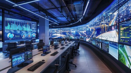 Obraz premium A futuristic urban traffic control room with multiple large screens and workstations.