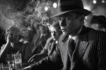 From the Roaring Twenties, a dapper man in a pinstripe suit and fedora, smoking a cigarette in a jazz-filled speakeasy, surrounded by flappers and gangsters