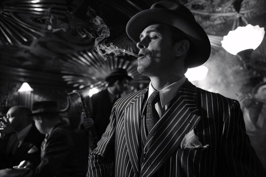 From the Roaring Twenties, a dapper man in a pinstripe suit and fedora, smoking a cigarette in a jazz-filled speakeasy, surrounded by flappers and gangsters