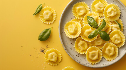 Plate of tasty ravioli with cheese on yellow background