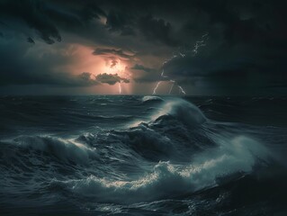 Immerse yourself in the intensity of a dark ocean storm raging under the cover of night, where crashing waves meet brilliant flashes of lightning. 