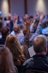 Close-up perspective of individuals' backs raising hands during a conference