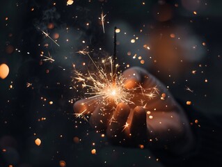 Immerse yourself in the mesmerizing beauty of a close-up shot capturing a sparkling sparkler, radiating bright sparks against a deep black backdrop
