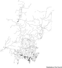 Street map of Hawkesbury City Council in Australia in black and white with title
