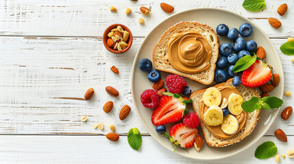 Plate of toast with peanut butter fresh fruits and nut