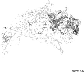 Street map of Ipswich City in Australia in black and white with title