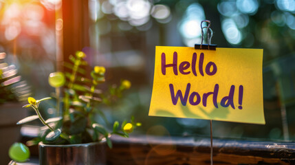 Earth day, environment and hello world with sign for botany, growth or sustainability of nature in spring. Flowers, garden and plants outdoor in backyard or park for conservation or natural ecology