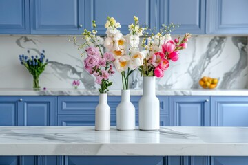 Interior Design with Flower Arrangement in a Modern Kitchen, Marble Countertop and Stylish Decor, Serene Atmosphere