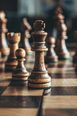 Fototapeta premium Chess Strategy Game with Closeup of King Piece on Wooden Chessboard, Intellectual Challenge and Focus