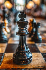 Chess Strategy Game with Closeup of King Piece on Wooden Chessboard, Intellectual Challenge and Focus