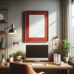 Blank wall art, Red, Black Frame Hanging on the Wall,  modern office, mock up, modern home, modern decor, mockup, wall art mockup
