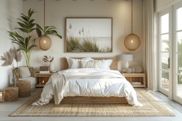 Coastal Minimalist Bedroom Mockup: A minimalist bedroom with coastal-inspired decor featuring natural textures, muted colors, and nautical accents