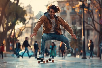 A young man joyfully skateboarding in a vibrant urban plaza, surrounded by city life, the scene...