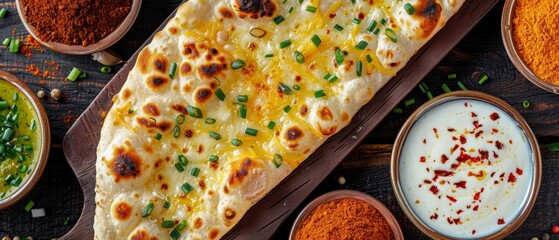 Pakistani Cuisine with Fluffy Parathas on Wooden Serving Platter, Chives and Cheese, Rustic Kitchen and Detailed Texture