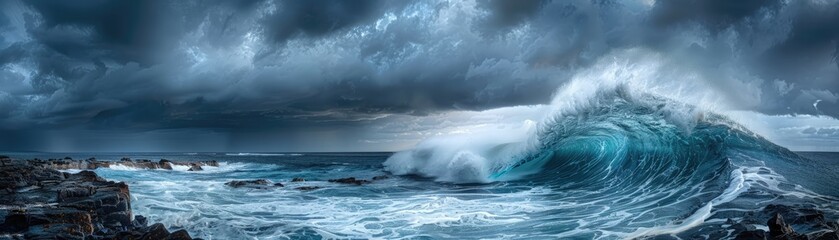 Fototapeta premium Intense and dramatic image of a large wave crashing into a rocky shore, with dark, stormy clouds overhead, showcasing the power of the ocean