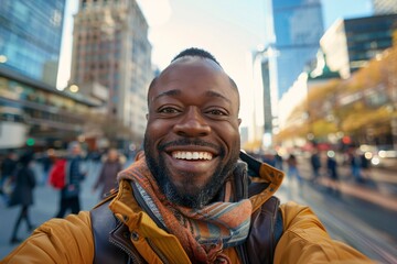 A smiling man taking a colorful selfie in a crowded city square, with the urban skyline softly...