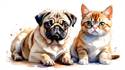 Cute pug puppy and tabby kitten resting side by side on a white background. AI generated.