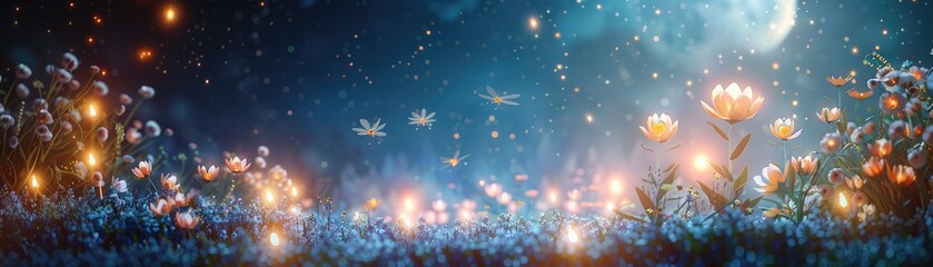 Naklejka premium Serene Nursery Washed in Moonlight,Flowers Sprouting Under the Stars as Fireflies Dance in the Supernatural Air