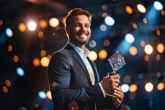 A successful businessman receiving an award on stage with a proud smile