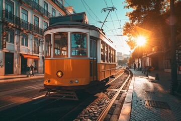Obraz premium Yellow Trolley Car Passing Tall Buildings on the Street