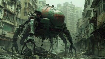 Fototapeta premium crazy futuristic robot in a old forgotten city