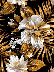 Indulge in opulence with a luxury gold wallpaper featuring a striking black and white floral pattern accented with shimmering golden hues. This wall art design exudes elegance and sophistication