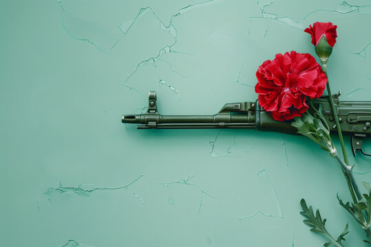 Portugal Day Celebration With Carnations and Military Rifle on Turquoise Background
