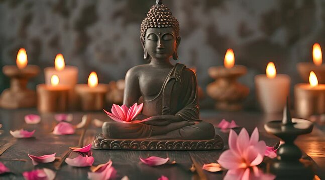 Buddha statue with flowers and candle on black background. Video footage	

