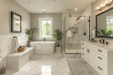 Contemporary Bathroom Mockup: A sleek and minimalist bathroom with clean lines and modern fixtures. The mockup includes customizable vanity options and bathroom accessories