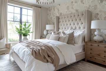 Contemporary Bedroom Retreat: Neutral palette, upholstered headboard, plush bedding, accent wall with wallpaper, minimalist decor