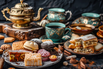 Table Set With Plates of Food and Tea Cups