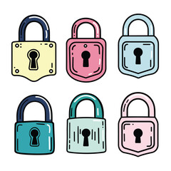 Handdrawn padlocks colorful cartoon style, six security locks illustration grouped, lock displays different vibrant color, keyhole visible, securing safety privacy concept, graphic design. Cartoon