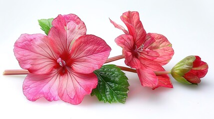 A beautiful pink hibiscus flower with a green leaf on a white background.