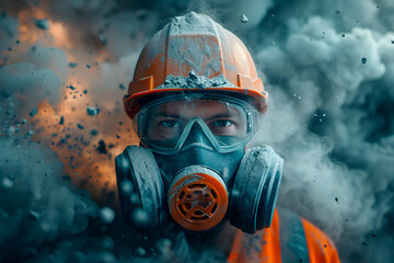 
Professional construction worker wearing a high-grade dust mask, surrounded by lot of floating particles of glass wool dust in a construction site. Generative AI.