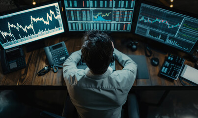 Tracking data concept. Serious data analysis of stocks, trade desk, financial advisor reviews progress. Market manager, IT department. AI finance. 