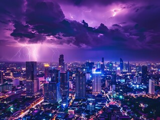 Fototapeta premium Experience the breathtaking scene of a lightning storm illuminating the cityscape with a captivating purple glow. Witness the fusion of natural power and urban beauty in this mesmerizing display