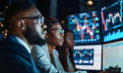 Tracking data concept. Black diverse team Serious data analysis of stocks, trade desk, financial advisor reviews progress. Market manager, IT department.