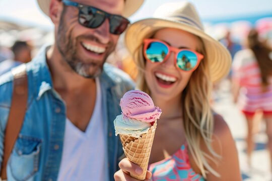A happy couple sharing a colorful ice cream cone on a bustling boardwalk, the seaside scenery softly blurred - Powered by Adobe