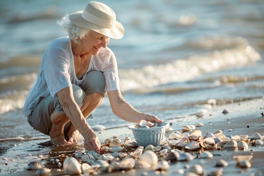 A senior woman joyfully collecting seashells on a sandy shore, surrounded by the gentle lapping of waves, the scene softly blurred - Powered by Adobe