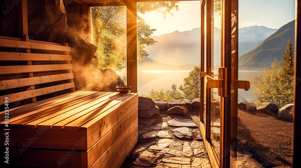 Poster a wooden bench is in front of a large window with a view of a lake. the bench is surrounded by a sto