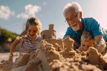 A senior man contentedly building a sandcastle with his grandchildren on the shore, surrounded by laughter and the joy of family bonding, the scene softly blurred
